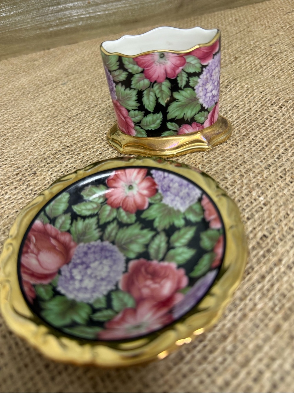 Floral Black Porcelain Trinket Dish and Holder - Pink & Purple Floral Accent